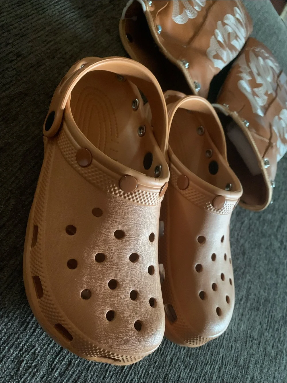 Women’s Tan Western Embroidered Knee-High Boots croc style.